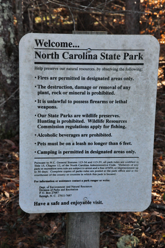 sign: Welcome North Carolina State Park regulations